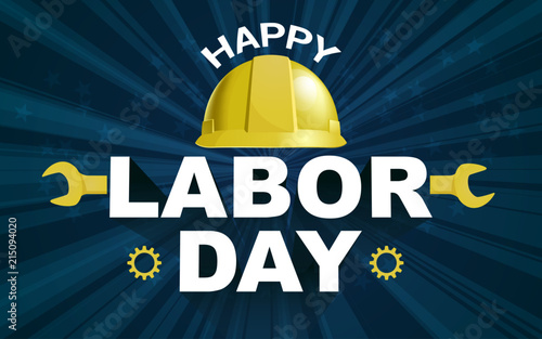 Happy Labor day poster flyer banner vector illustration. Yellow Safty helmet on burst background design. Labor day celebration concept advertising.