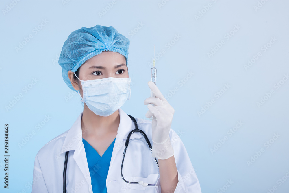 Doctor Nurse in white blue shirt with stethoscope and rubber gloves Doctor Nurse in white blue shirt with stethoscope and rubber gloves