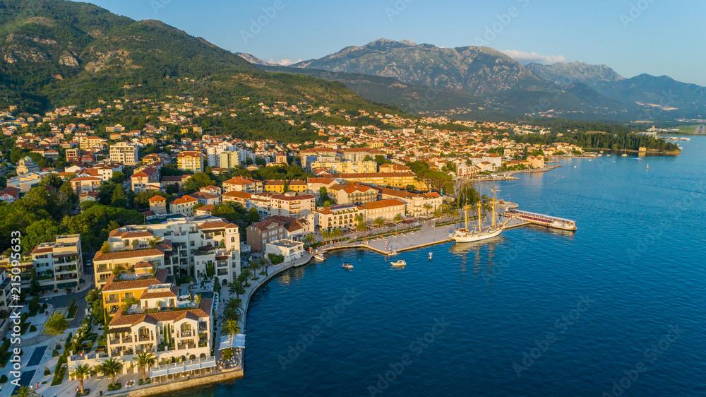 Aerial view of the evening in Porto Montenegro in Tivat