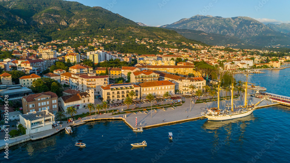 Aerial view of the evening in Porto Montenegro in Tivat