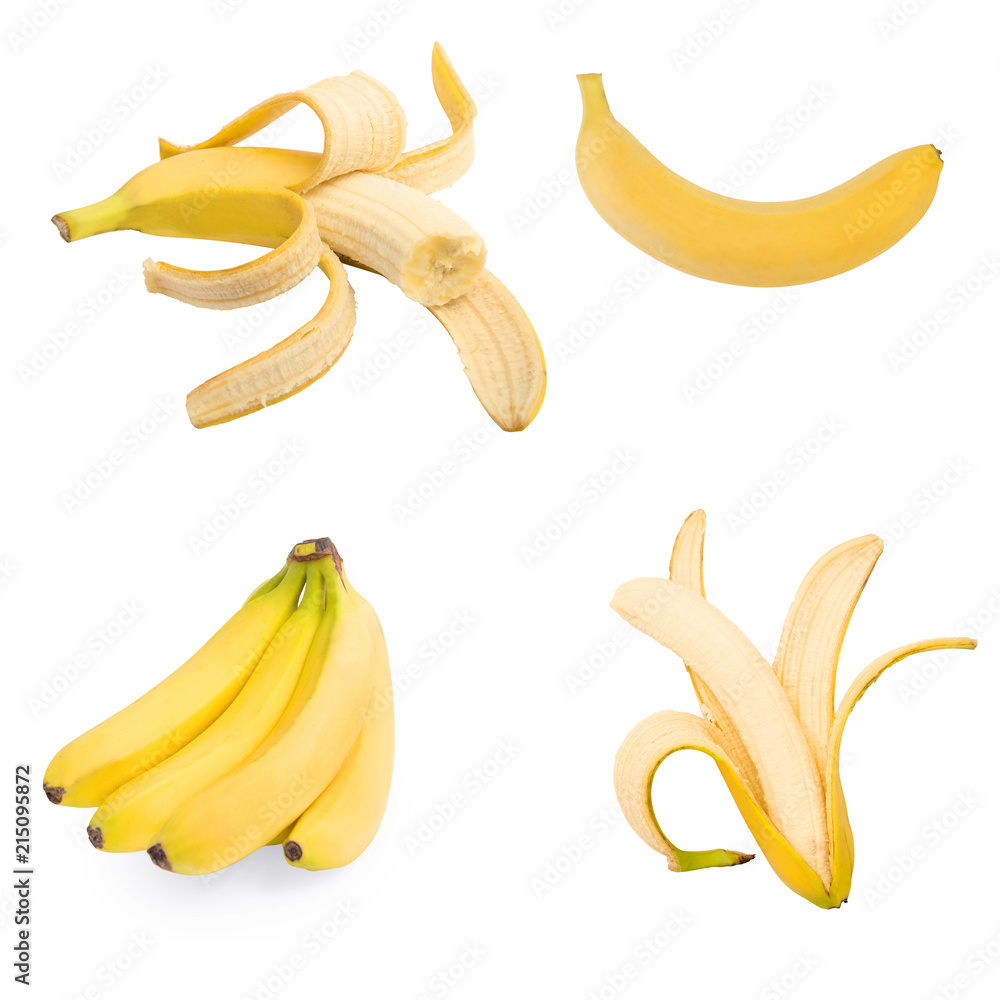 Set of four isolated bananas on a white background.