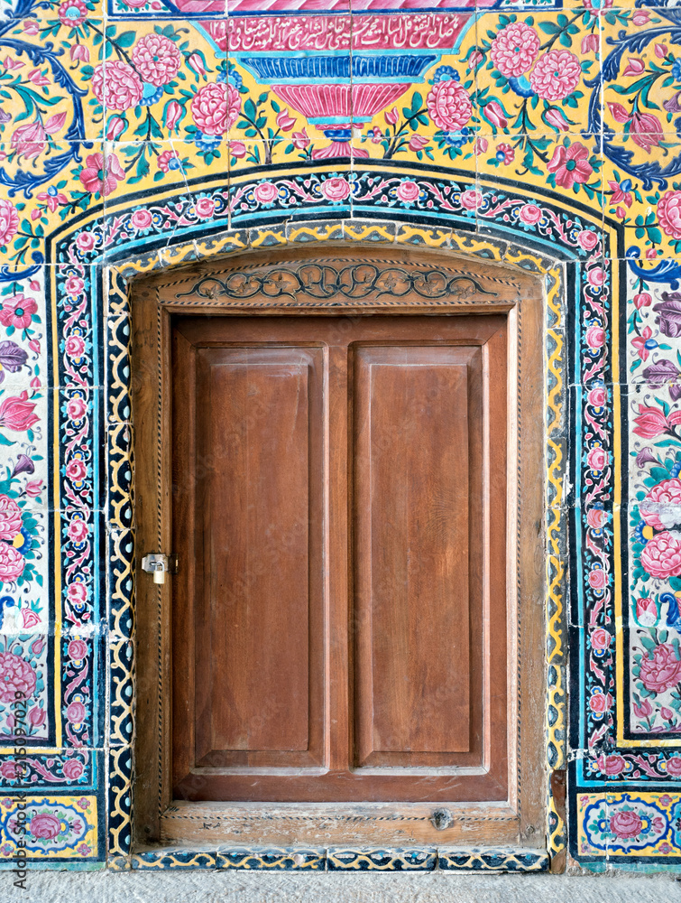 Wooden door at Nasir ol Molk mosque, Shiraz, Iran