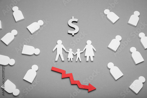 Family poverty concept, crisis and help. Budget planning, american sad parents.