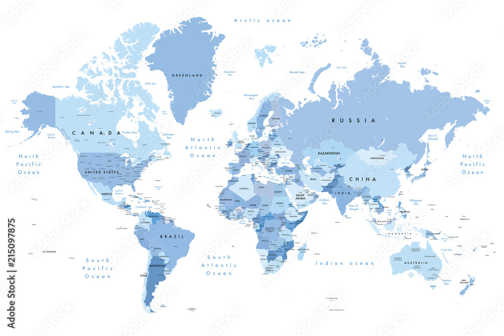 Fototapeta premium Kolorowa ilustracja mapy świata przedstawiająca nazwy krajów, nazwy stanów (USA i Australia), stolice, główne jeziora i oceany. Drukuj w nie mniej niż 36 ”