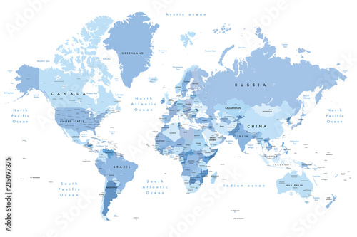 Colourful Illustration of a world map showing country names, State names (USA & Australia), capital cities, major lakes and oceans. Print at no less than 36". Jpeg no need for vector program.