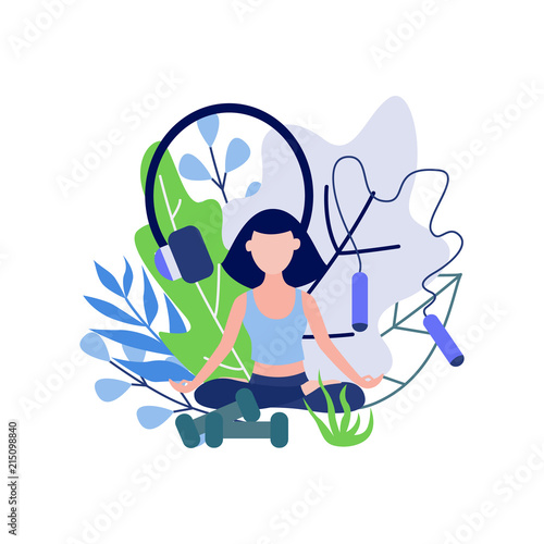 Young woman sitting in lotus pose and meditating isolated on white background with decorative leaves and sport equipment - flat female character practicing yoga in vector illustration.