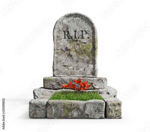 Tela Stone grave with grass isolated on a white background