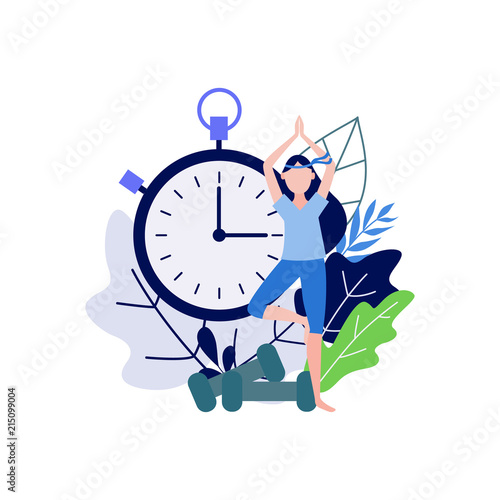 Young woman doing sports standing in tree pose isolated on white background with decorative leaves and sport equipment. Flat vector illustration of female character practicing yoga.