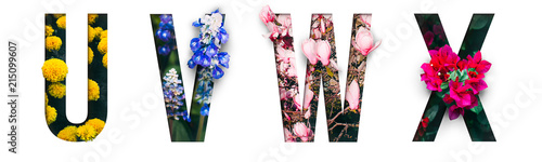 Flower font Alphabet u, v, w, x, made of Real alive flowers with Precious paper cut shape of letter. Collection of brilliant flora font for your unique decoration in spring, summer & many concept idea photo