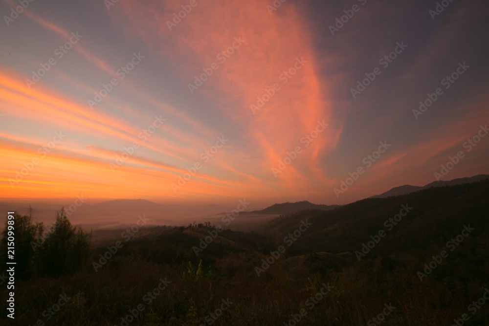 Romantic mountain and sky sunset view and background