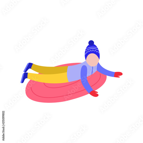 Flat boy kid in hat sledging at inflatable tube, snowtubing outdoors in winter in warm clothing and long black hairs. Male child character and leisure activity. Vector illustration.