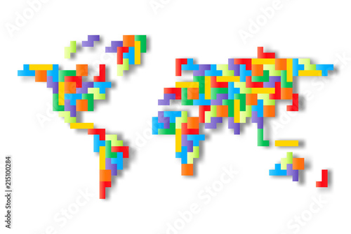 World map mosaic of colorful tetris blocks. Flat vector illustration.