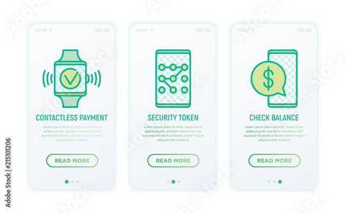 Online banking thin line icons: contactless payment, security token, check balance, online transaction. Modern vector illustration for user mobile app.