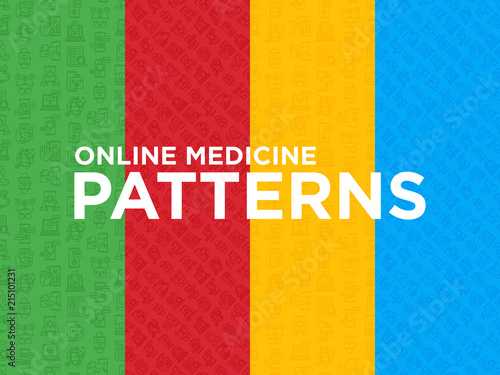 Four different online medicine seamless patterns with thin line icons: pill timer, ambulance online, medical drone, tracker, mHealth, messenger, check symptomps. Modern vector illustration.