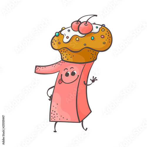 Cute cookie number one 1 character with delicious cake, biscuit at his head. Typographic humanized symbol with hands, arm and face emotions. Kids birthday holiday party font sign. Vector illustration