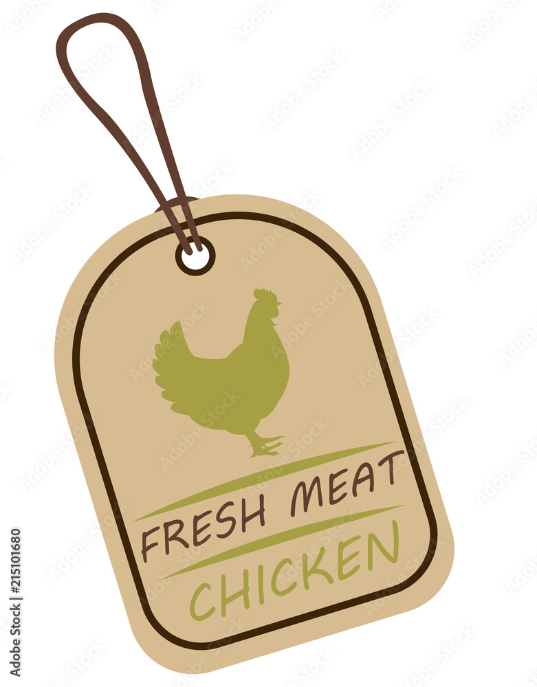 String tag, meat label. Label with illustration of chicken. Price list for chicken meat. Meat tag with chicken image