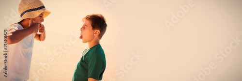 Side view of siblings teasing each other at beach