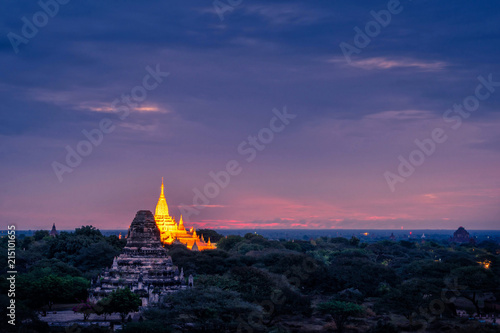 Landscape image of Ancient pagoda at sunrise in Bagan, Myanmar.