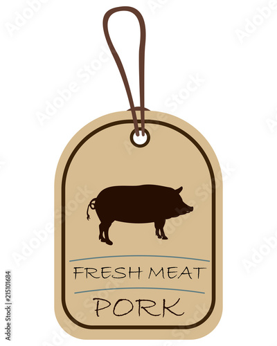 String tag, meat label. Label with illustration of pork. Price list for pork meat. Meat tag with pig image