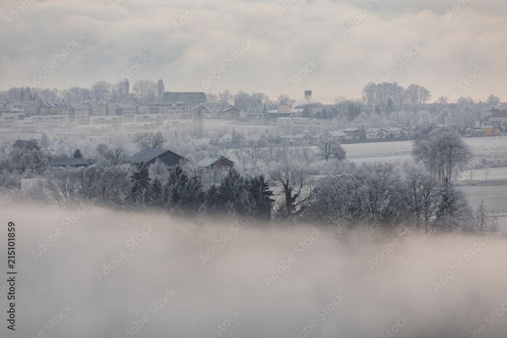 Cold winter morning with fog in Sursee in central Switzerland near Lucerne