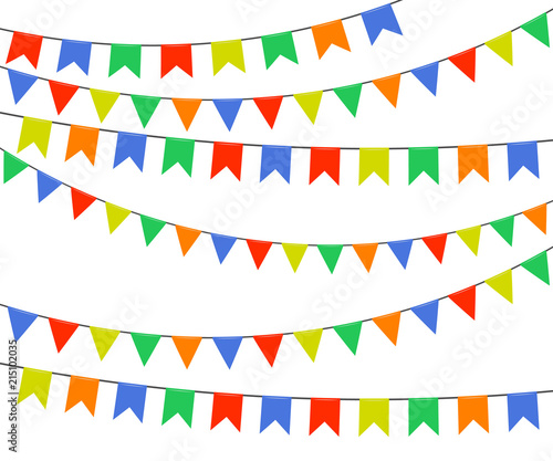 Festive multicolored bright flags, garlands of bunting isolated on white background. Vector illustration.