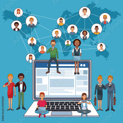People using laptop to connect to social media and network vector illustration graphic design