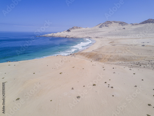 Atacama Desert has amazing beaches like this one called  Cifuncho  in Taltal town at Antofagasta region  Chile. An aerial view of the beach with the drone