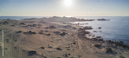 Atacama Desert has amazing beaches like this one called "Las Tortolas" in Taltal town at Antofagasta region, Chile. An aerial view of the beach with the drone