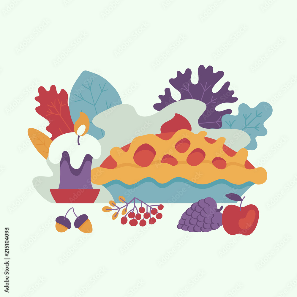 Fototapeta premium Thanksgiving pie, candle and autumn forest symbols - leaves, berries and acorn pattern. Cartoon vector illustration with apple, pumpkin cake. Sign of thanksgiving holiday, autumn and harvest.