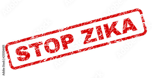 STOP ZIKA stamp seal print with distress style. Red vector rubber print of STOP ZIKA text with grunge texture. Text title is placed inside rounded rectangle frame.