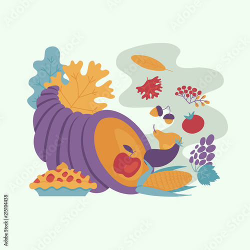 Horn of plenty or cornucopia, thanksgiving pie and autumn forest symbols - leaves, berries pattern. Cartoon vector illustration. Sign of thanksgiving holiday, autumn and harvest. photo