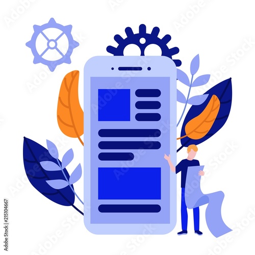 Flat men IT, software developer designer standing holding big scroll making announcement, advertisement near big scrum agile board on smartphone screen with daily tasks. Vector illustration.