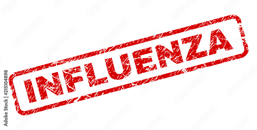 INFLUENZA stamp seal print with scratced style. Red vector rubber print of INFLUENZA text with grunge texture. Text title is placed inside rounded rectangle frame. INFLUENZA stamp seal print with scratced style. Red vector rubber print of INFLUENZA text with grunge texture. Text title is placed inside rounded rectangle frame.