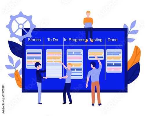 Flat men IT, software developer or designer sitting on big scrum agile board with daily tasks, kan ban desk with sticky notes, holding placard set. Vector illustration.