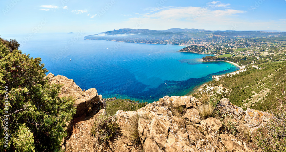 panoramic View of Cassis town, Route des Cretes mountain road, P