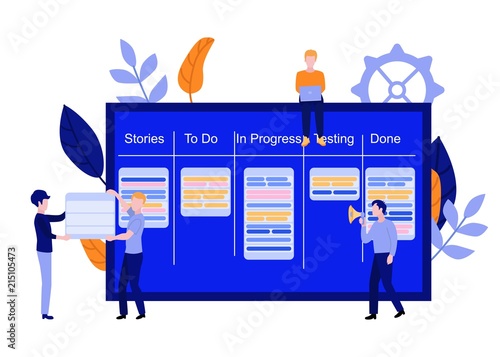Flat men IT, software developer or designer sitting on big scrum agile board with daily tasks, kan ban desk with sticky notes, speaking in loudspeaker, holding placard set. Vector illustration.