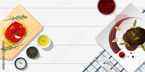 Raw fresh meat and grilled meat tenderloin steak on white table , healthy food background , vector , illustration