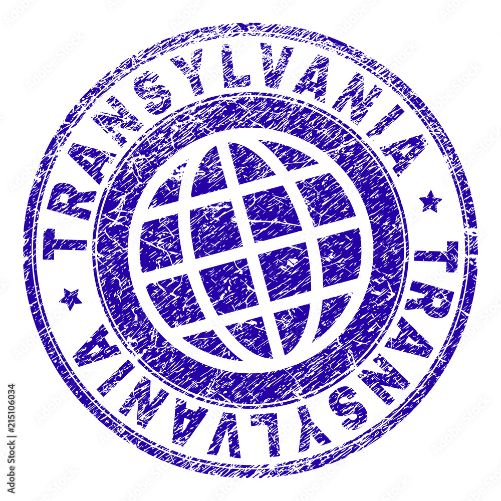 TRANSYLVANIA stamp print with grunge texture. Blue vector rubber seal print of TRANSYLVANIA tag with unclean texture. Seal has words placed by circle and planet symbol.
