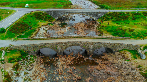 Aerial view over famous Sligachan Bridge on the Isle of Skye