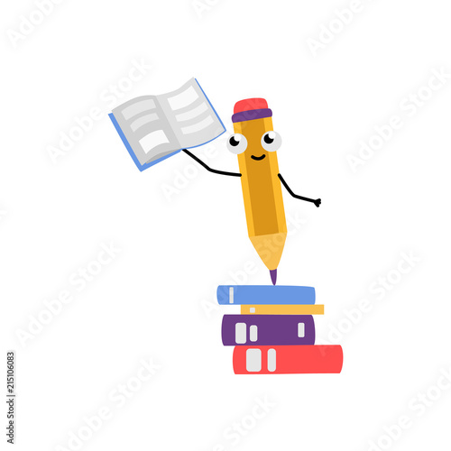 Cute yellow pencil character with eraser showing textbook standing at books pile smiling. Happy humanized education and back to school symbols with arms, legs facial emotions. Vector illustration