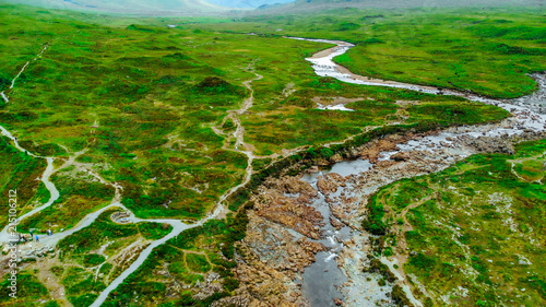 Aerial view over Hiking trails on the Isle of Skye in Scotland