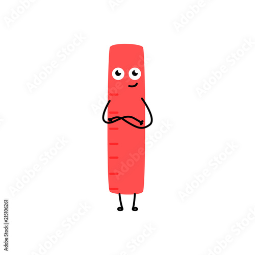 Cute red ruler character with standing with arms crossed smiling. Happy humanized education and back to school symbol with arms, legs facial emotions. Vector isolated illustration