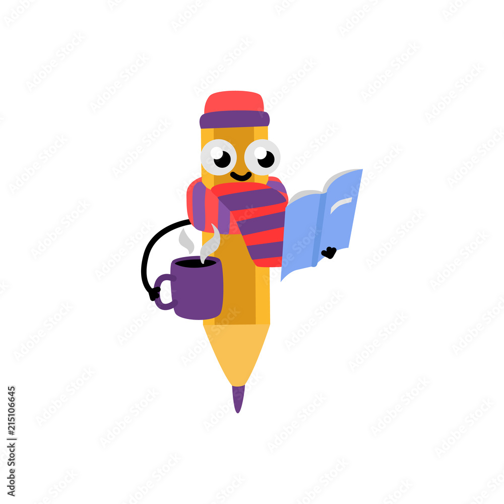 Cute pencil character in scarf with eraser reading textbook smiling holding hot beverage, coffe or tea. Happy vector humanized education and back to school symbol with arms, legs facial emotions Cute pencil character in scarf with eraser reading textbook smiling holding hot beverage, coffe or tea. Happy vector humanized education and back to school symbol with arms, legs facial emotions