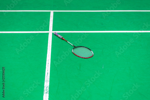 badminton racket on green court © ttanothai