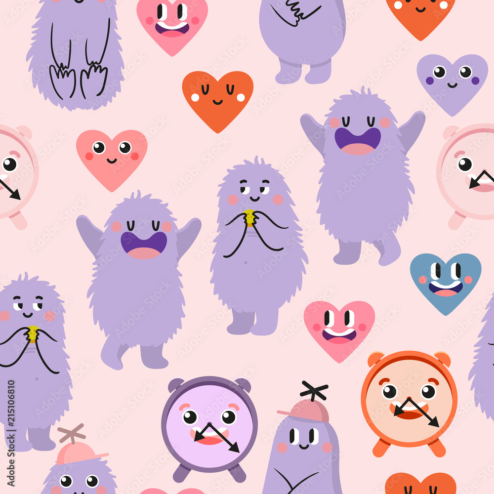 Cute cartoon. Funny monsters, heart, love. Vector seamless pattern. Cute cartoon. Funny monsters, heart, love. Vector seamless pattern.