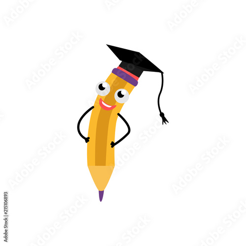 Cute yellow pencil character with eraser in graduation cap standing smiling. Happy humanized education and back to school symbols with arms, legs facial emotions. Vector isolated illustration