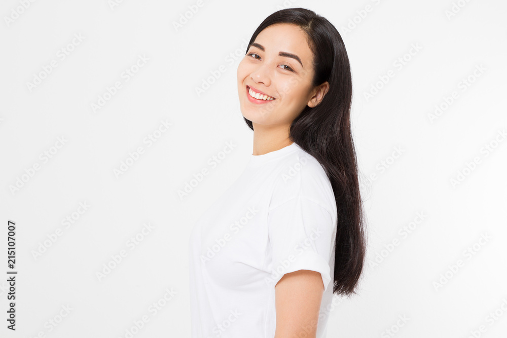 Portrait of smiling Brunette asian girl with long and shiny straight female hair isolated on white background . Beautiful woman korean model with straight hairstyle. Healthy teeth. Copy space. Portrait of smiling Brunette asian girl with long and shiny straight female hair isolated on white background . Beautiful woman korean model with straight hairstyle. Healthy teeth. Copy space.