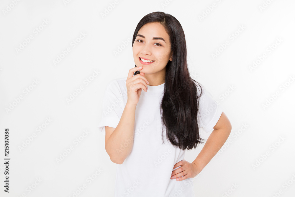 Portrait of smiling Brunette asian girl with long and shiny straight female hair isolated on white background . Beautiful woman korean model with straight hairstyle. Healthy teeth. Copy space. Portrait of smiling Brunette asian girl with long and shiny straight female hair isolated on white background . Beautiful woman korean model with straight hairstyle. Healthy teeth. Copy space.