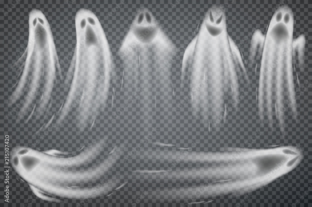 Fototapeta premium Zestaw realistycznych duchów na przezroczystym tle. Ilustracja wektorowa 3d symboli halloween.