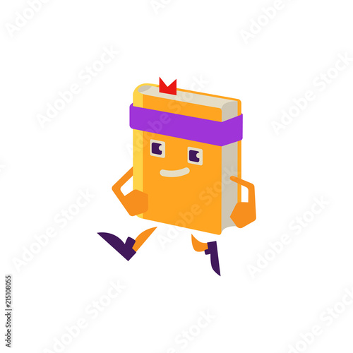 Cartoon book character athlete jogging or running with smile at face. Vector humanized sport textbook for kindergarten, preschool and school kids design.